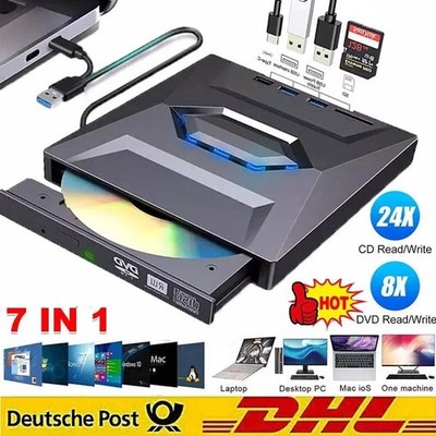 7 in 1 USB 3.0 Externes Laufwerk DVD CD UHD 4K Brenner Player für Laptop PC DE