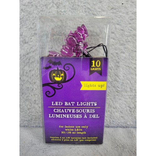 10 LED Bat Lights String Halloween Indoor Use White LEDs 3ft Purple Bat