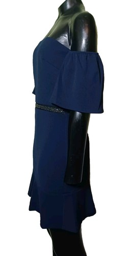 NEW Silver Bloom Bardot Dress With Beaded Waist, Blue UK 12 - Picture 3 of 4