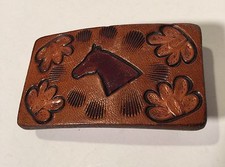 Vtg Horse Head Rodeo Tooled Chased Western Lg Brown Leather  Copper Belt Buckle