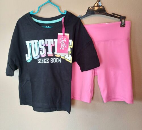 Justice Bike Shorts Set 7/8 Girls Black Hot Pink T-Shirt