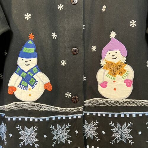 Michael Simon Sweater Cardigan Cotton Ramie Size L Black Snowman Cottage Winter - Picture 3 of 8