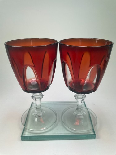 Cristal d'Arques-Durand Gothic Ruby Red & Clear Water Goblet 5 7/8" Set of 2 B21 - Picture 12 of 13