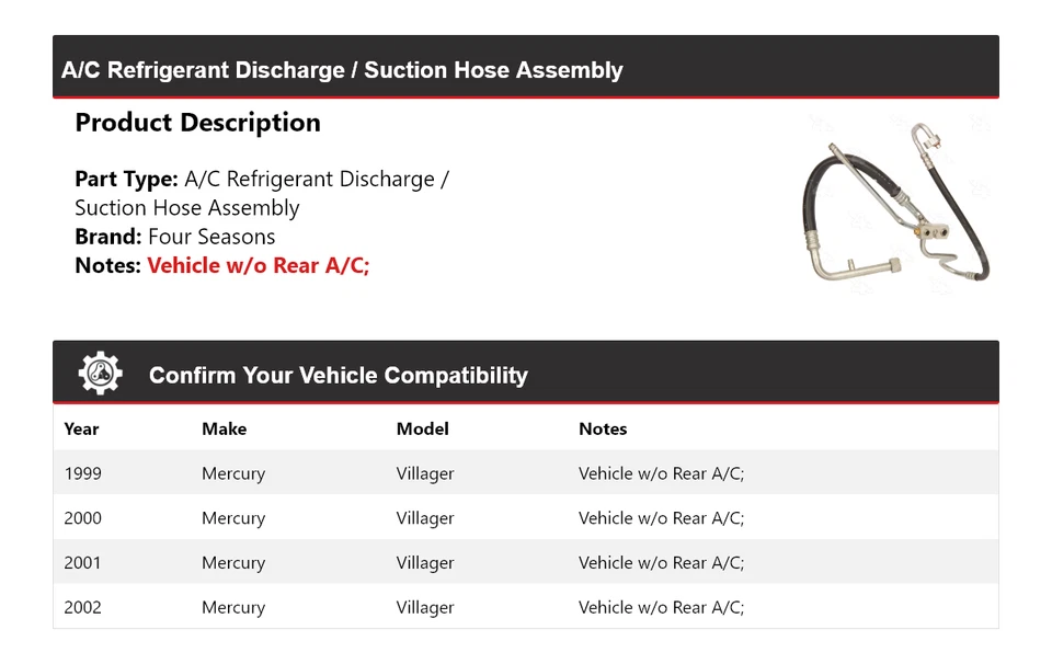 Шланг всасывающий разрядный для 1999-02 Mercury Villager комплект 4 сезона 20 - Изображение 2 из 4