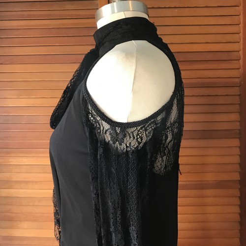 Vintage Lip Service Gothic Lolita Victorian Chiffon & Lace Open Shoulder Top M - Picture 6 of 11