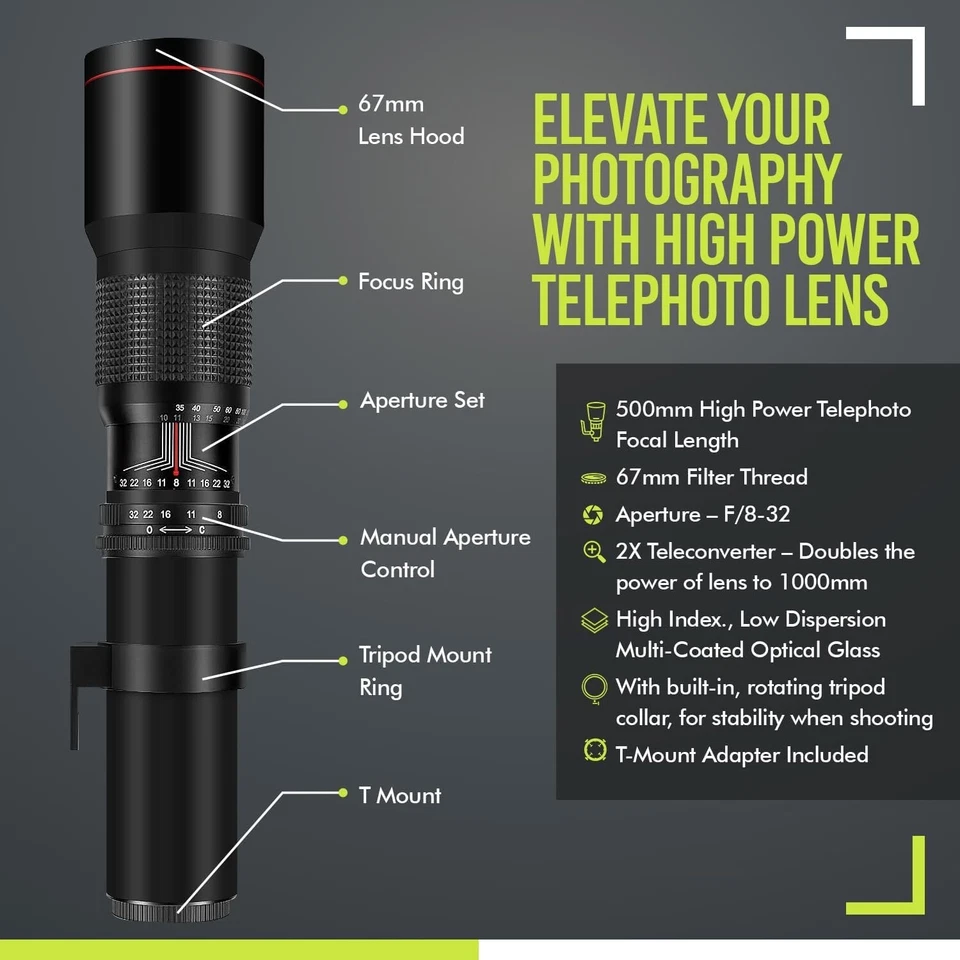 500mm 1000mm Telephoto Lens for Nikon D3000 D3100 D3200 D3300 D5100 D5200 D5300 - Image 3 of 4
