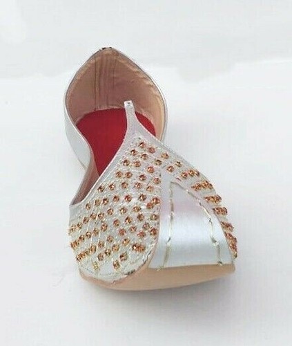 US 7-10 NAWABI SILVER WITH MAROON BEADED MEN HANDMADE LEATHER KHUSSA JOTI - Picture 5 of 11