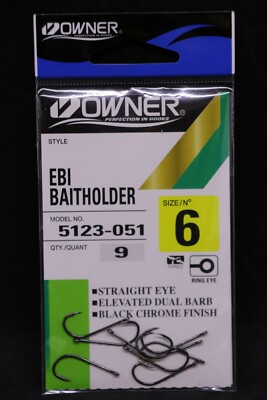 Owner Ebi Baitholder Hook - Size 6 - Pack of 9 Black Chrome Hooks