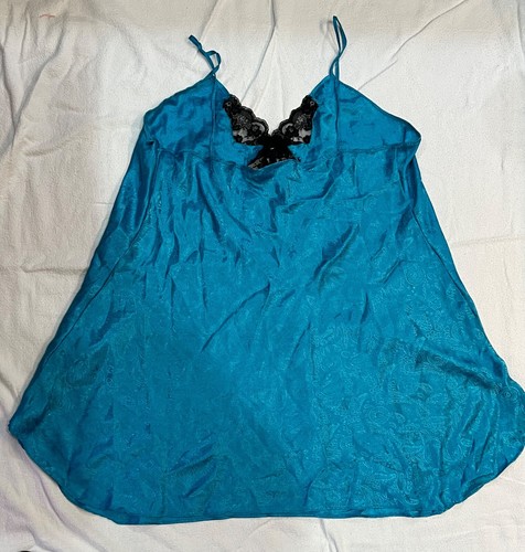 VINTAGE Intimate Pleasures Women's Satin Teal Slip Lingerie Plus Size 26/28 - Picture 3 of 4