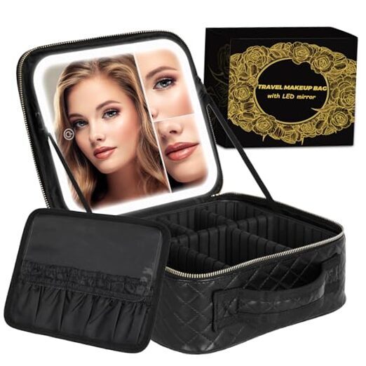 LED Makeup Train Case with Mirror - Portable Cosmetic Bag in Black  -image