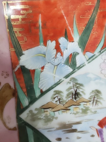 Antik? Satsuma japanische markierte signierte gelappte Porzellanschüssel Geisha Damen Blume - Bild 3 von 9