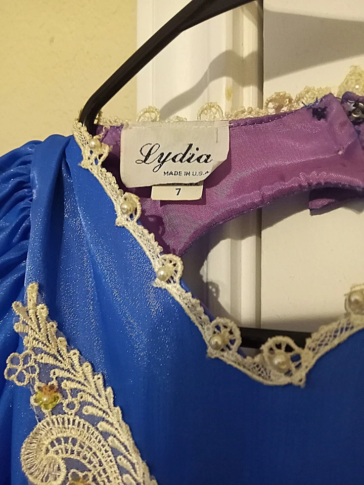 Niñas Vestido Desfile Azul Real Lydia EE. UU. TALLA 7 Lágrima Perla Encaje Foto 3 de 4