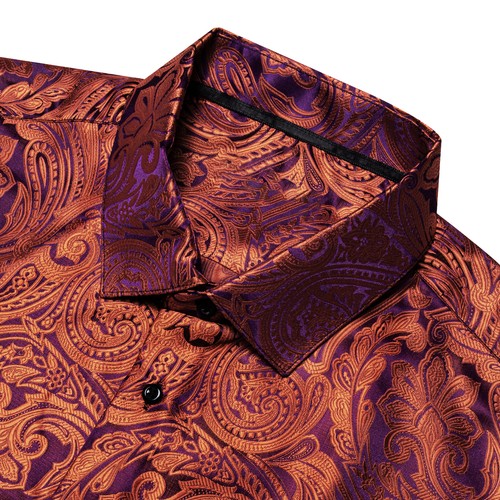New Mens Silk Shirts Blue Red Grey Floral Dress Shirt Long Sleeve Button Down - Picture 90 of 169