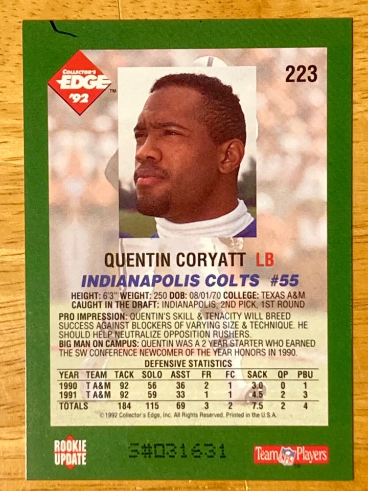 Hand SIGNED Quentin Coryatt 1992 RC Rookie Collector's Edge 223 - Image 2 of 2