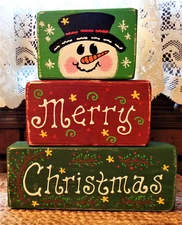 DISTRESSED PRIM 3 Pc Merry Christmas WOOD BLOCK Shelf Sitter SET Snowman Winter