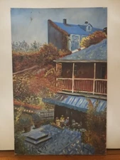 Impressionist Bistro Courtyard Oil on Board Painting by Jack Lang (20th Century)