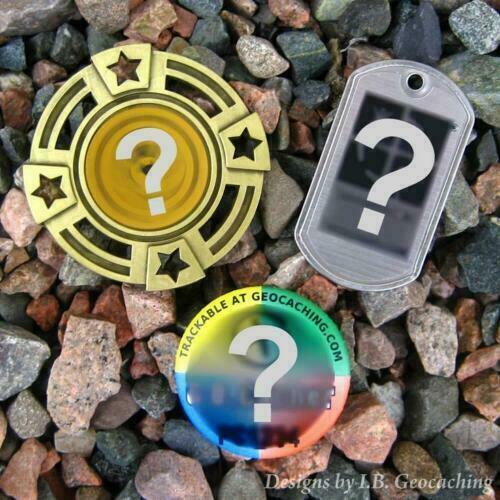 Three (3) Random & Unactivated Geocaching Trackables (Geomedal, Dog Tag, Button)