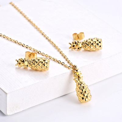 Damen Edelstahl Gold Ananas Anhänger Halskette & Ohrringe Schmuckset*