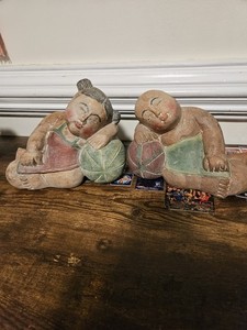 VTG Wood Carved GIRL & BOY Sleeping Figurines