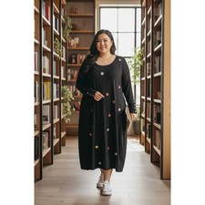 Black Long Sleeve Midi Dress with Multi-Color Button Accents Kidcore 1XL