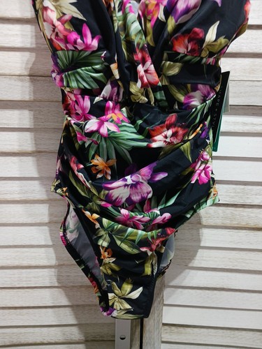 Aqua Green Shape Style Womens Swimsuit Size 6 Black Floral Ruched One Piece - Picture 5 of 20