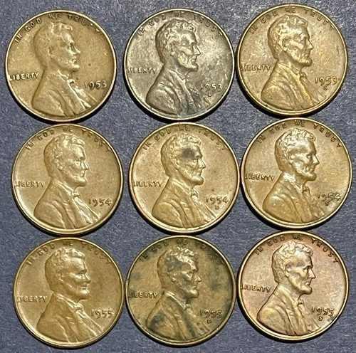 Lincoln Cents. Lot Of 9. 1953, 54, 55 P, D, S. Maybe Fine Or Better Condition