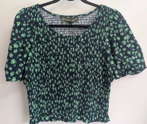 Princess Highway Women's Top Sz 12 Navy Green Floral Linen Blend Shirred Stretch - Picture 6 of 18