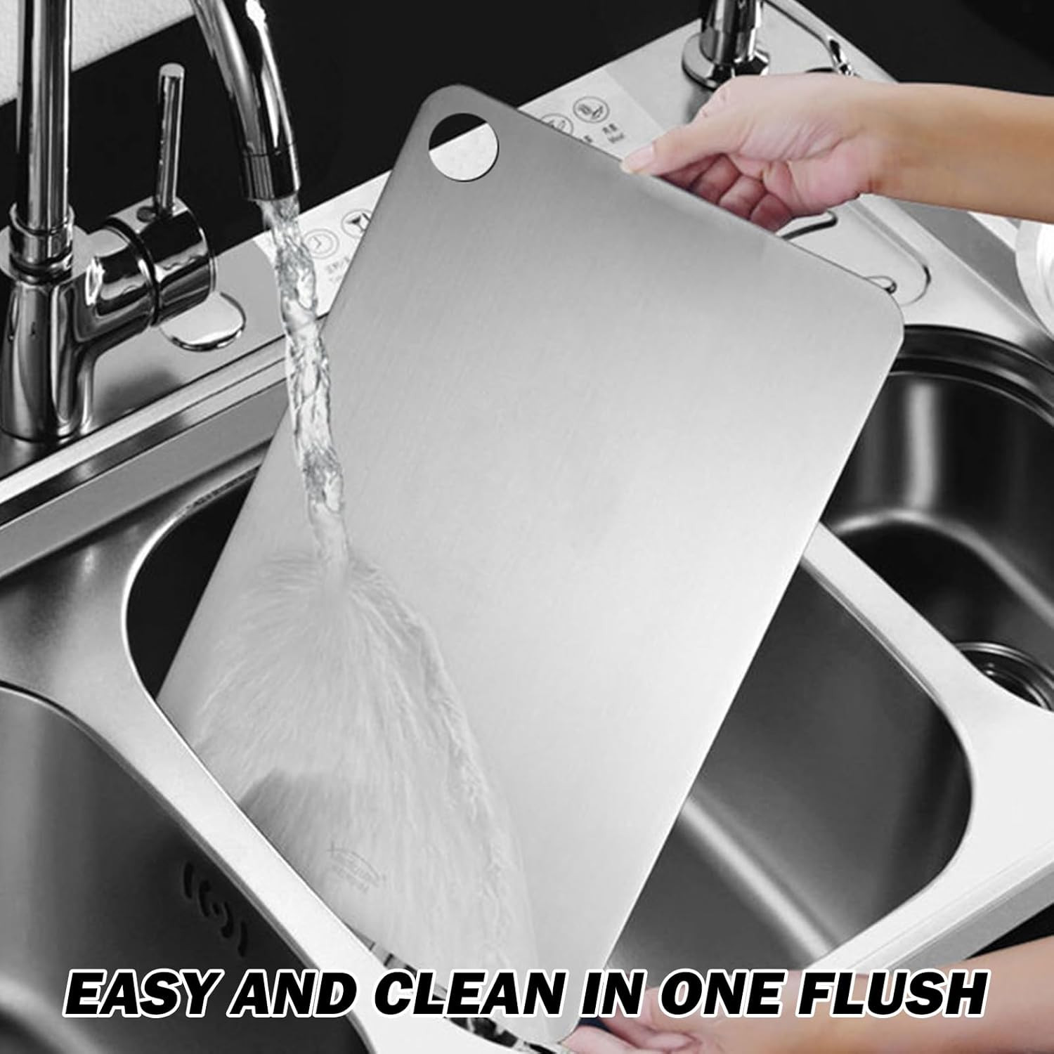 Tagliere In Titanio E Acciaio Inox – 34x23 Cm, Doppio Lato (Liscio Per Verdura/Rigato Per Carne), Leggero, Facile Da Pulire Con Foro Per Appendere - 2