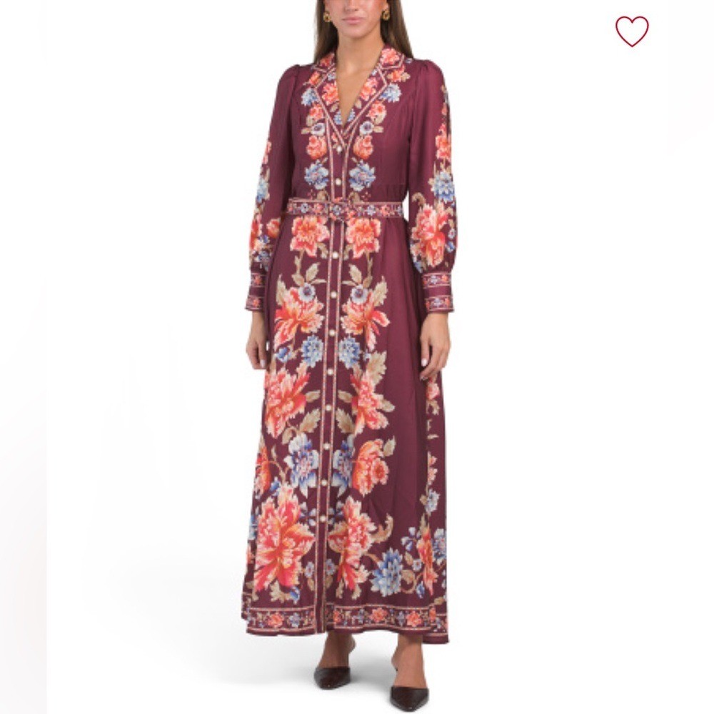 NUEVO CON ETIQUETAS $250 Dalia MacPhee Maxi Vestido Floral Manga Larga con Cinturón Carmesí Vino GRANDE
