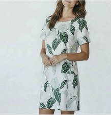 Persifor Dress Womens Medium White Green Leaf Shift Shirt Pockets Tropical READ