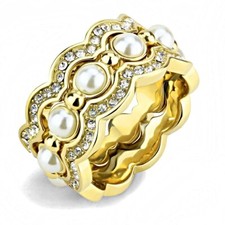 Gold pearl ring set 3 piece stacking cibic zirconia 10mm wide steel stamped 18kt