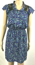 Speechless Dress Blue Animal Print Lace Trim Button Down Elastic Waist Women's S