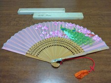 Vintage Antique Silk Fan Hand Painted Peacock Folding Mother of Pearl 1953