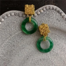 Vintage Double Happiness Earrings Dark Green Stud Earrings Clip Earrings