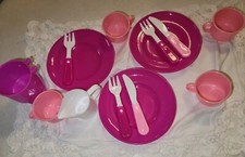 Vintage Pink Cups, Plates, Forks And Knives Kitchen Play Set For Toddler Plastic