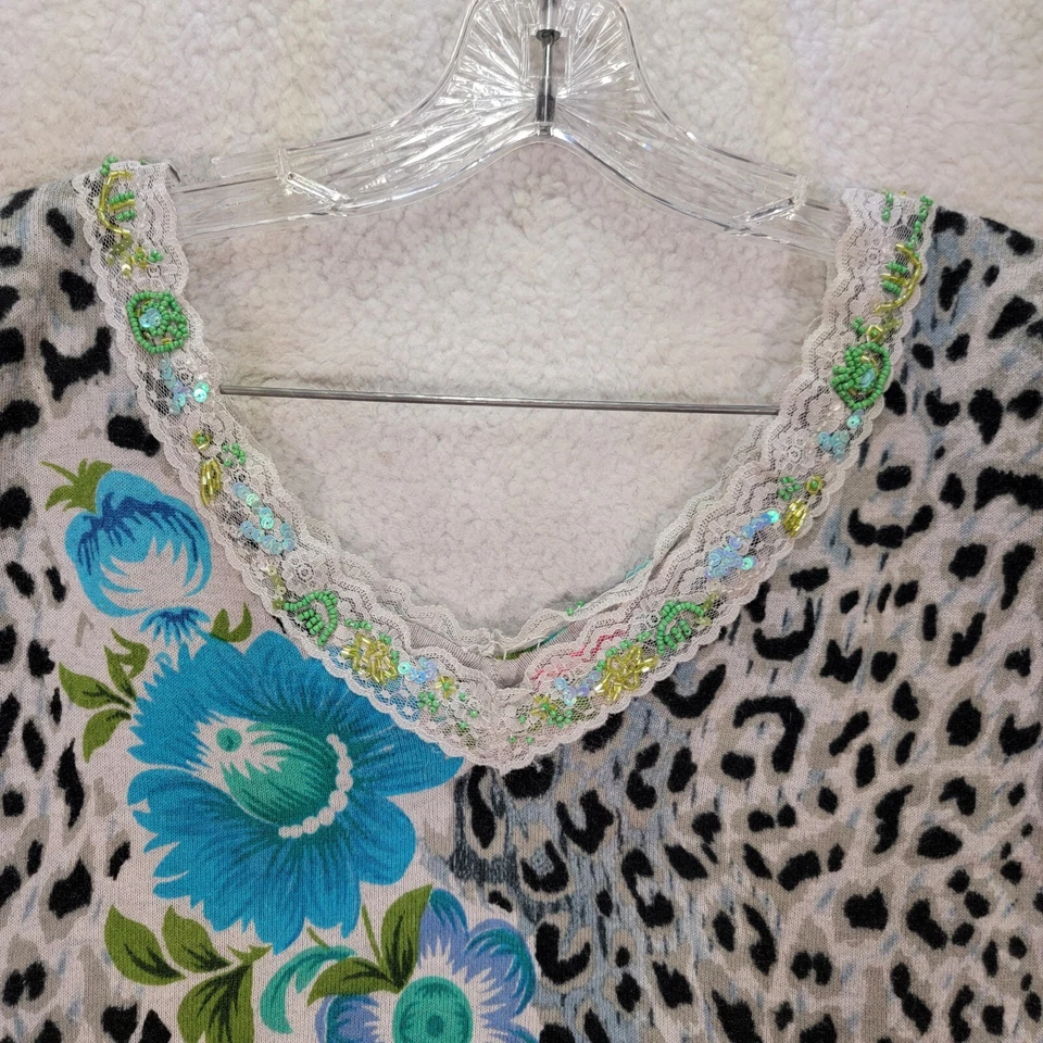 Blusa retro Y2K Charlotte Tarantola gris leopardo floral encaje cuentas para mujer M Foto 2 de 4