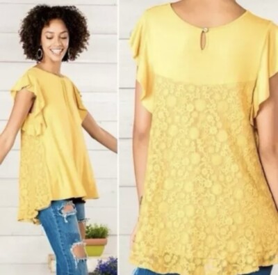 Matilda Jane Bocce Ball Golden Yellow Lace Back Top Size Large E26