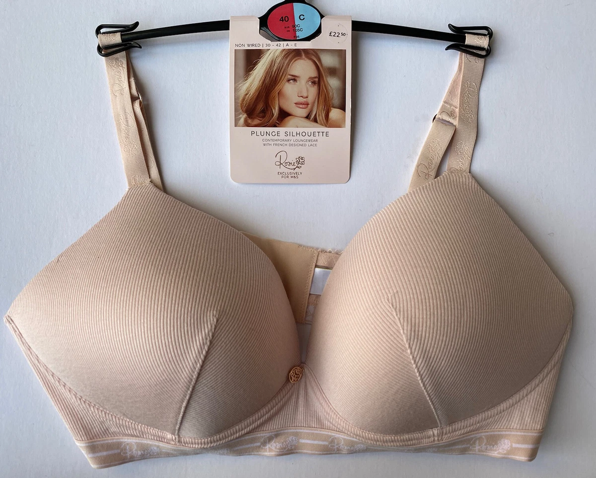 M&S ROSIE Pink Ribbed Non-Wired Plunge Bra French Lace Lingerie BNWT - 40C