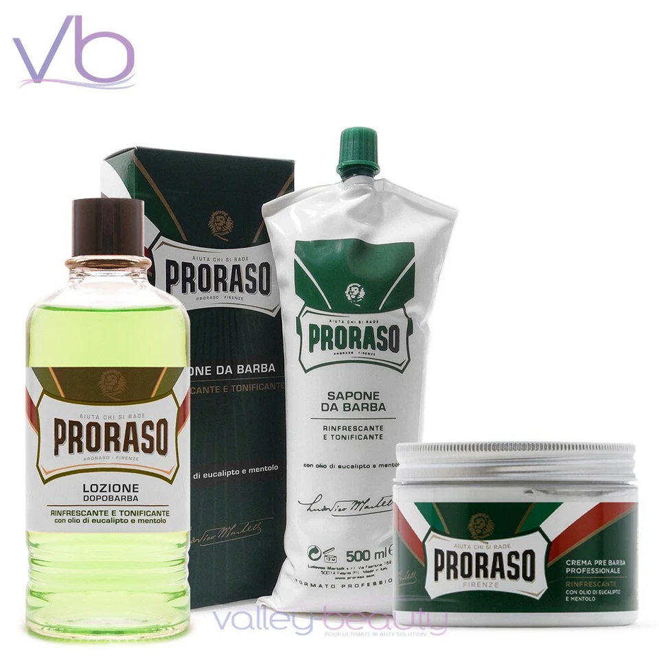 PRORASO Green Barber Set | Pre-Shave, Lotion, Shaving Cream, Menthol, Bundle