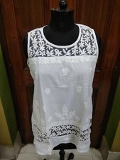 SLEEVELESS TOP S 39" HANDMADE 100 COTTON ETHNIC TUNIC KURTI CHIKAN EMBROIDERY