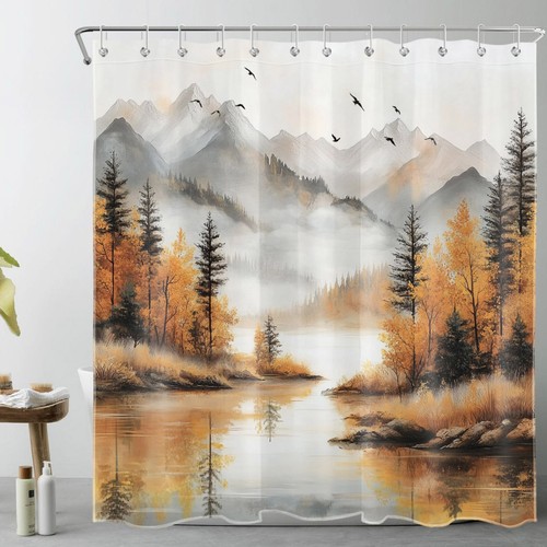 Mountain Nature Landscape Forest Fall Shower Curtain Bathroom Accessories Set - Picture 21 of 25