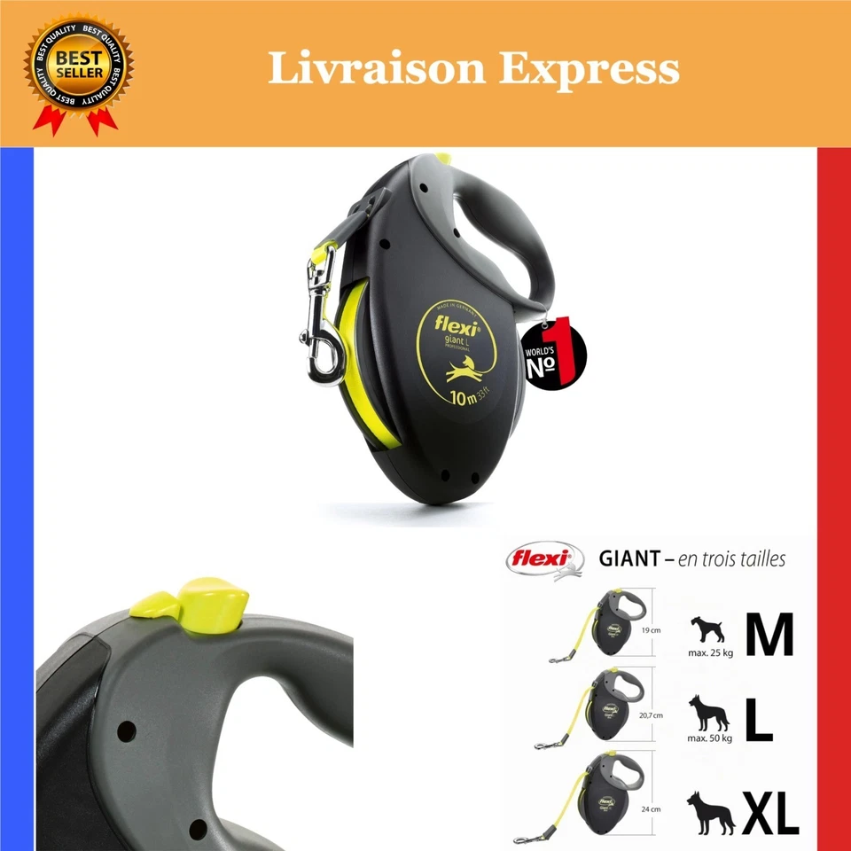 flexi® Giant Laisse Rétractable 10m pour Chiens jusqu'à 50kg - Noir/Jaune - Photo 1/4