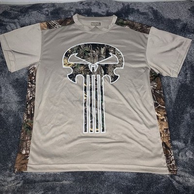 Vintage Marvel Real Tree Punisher Polyester T shirt Camo Beige Mens XL Rare Y2K