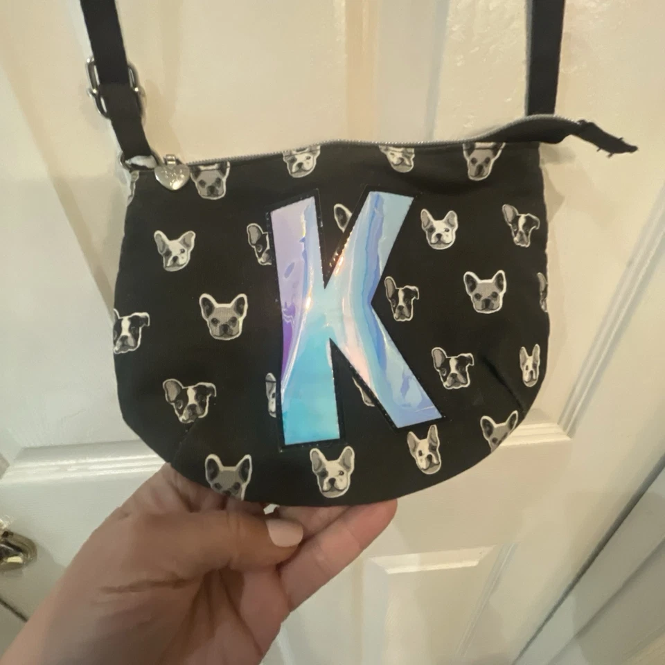 Justice French Bull Dog crossbody purse Adjustable strap Letter K Black - Image 4 of 4