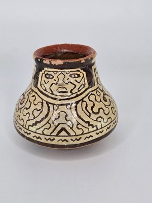 Vintage Peruvian Shipibo Conibo Hand Made Painted Face Clay Pottery Jug Peru 3''
