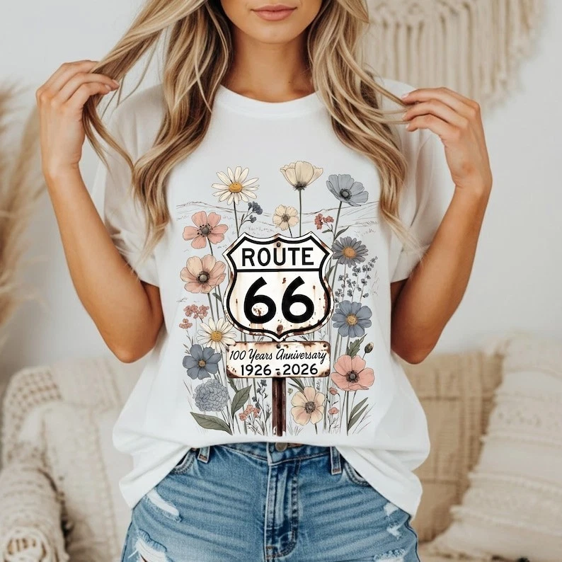 Route 66 Floral Shield 100 Years T-shirt | 1926-2026 Mother Road