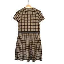 Tahari Fit & Flare Knit Dress Beige Black Grid Short Sleeve Preppy Minimalist