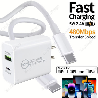 For iPhone 14 13 12 11 XS XR X iPad Fast Charger PD Cable USB Type C 20W Adapter