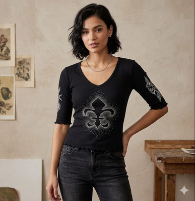 Freedom Womens Ribbed Shirt Medium Jeweled Fleur De Lis Rock Grunge Biker