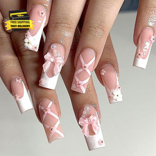 Long Press on Nails Square Fake Nails White French Tip Nails False Nails with Pi